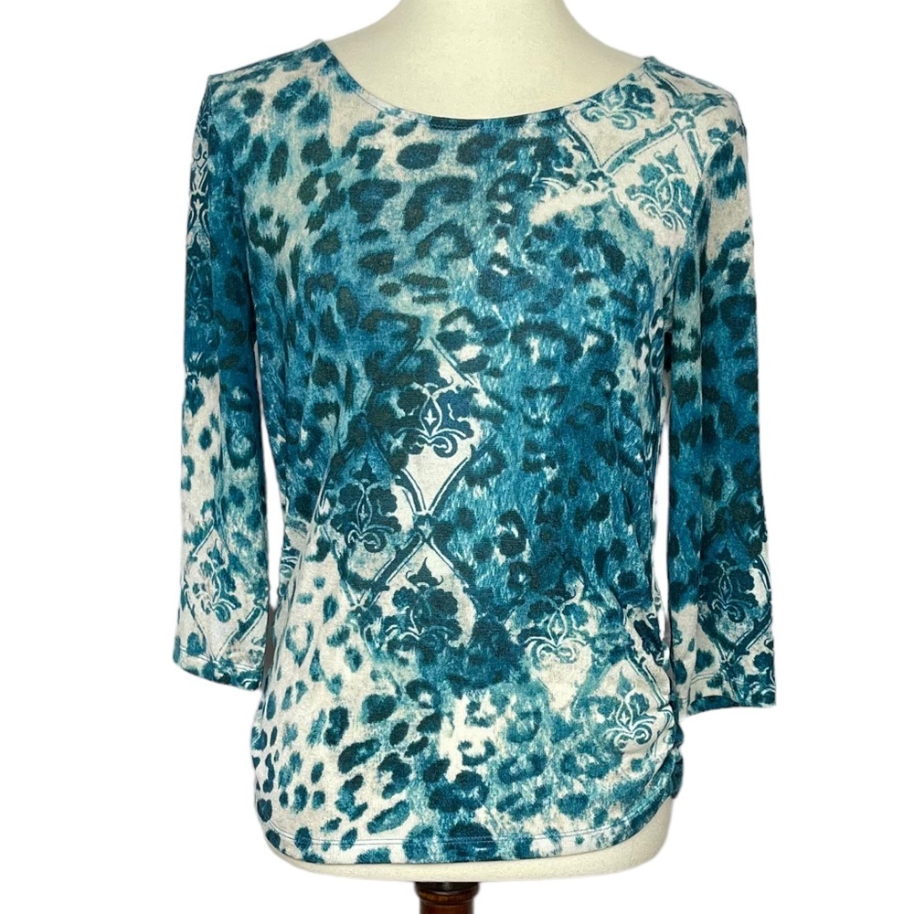 Chico's Teal and White Patterned Crew Neck Sweater